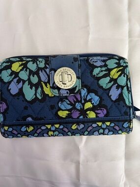 Vera Bradley Navy Floral Quilted Zip Wallet with Aqua & Lime Accents